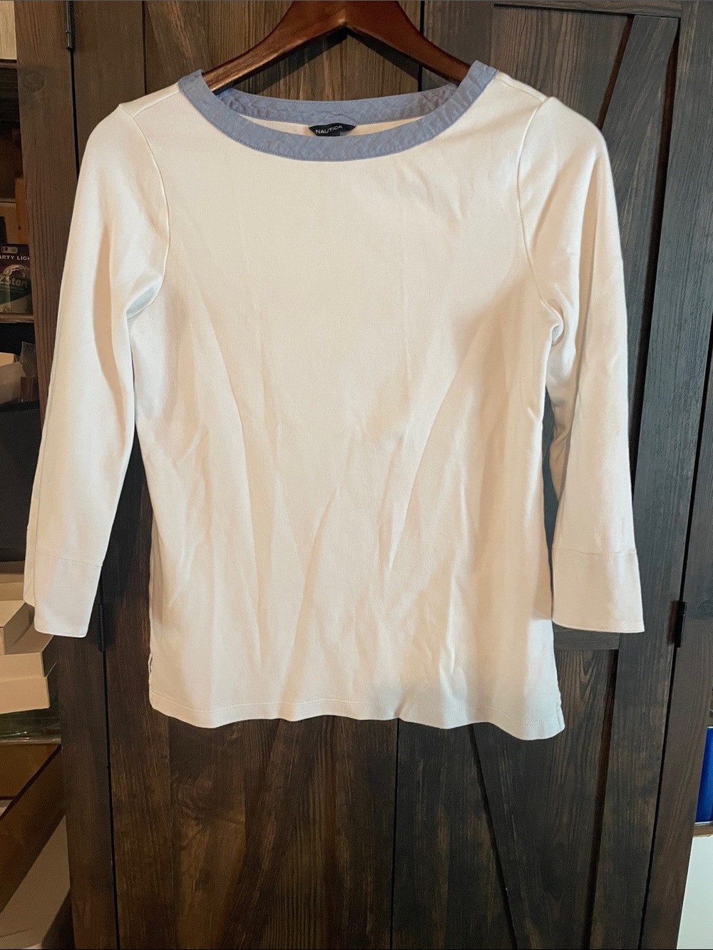 Nautica White Long Sleeve Boatneck Top with Chambray Trim